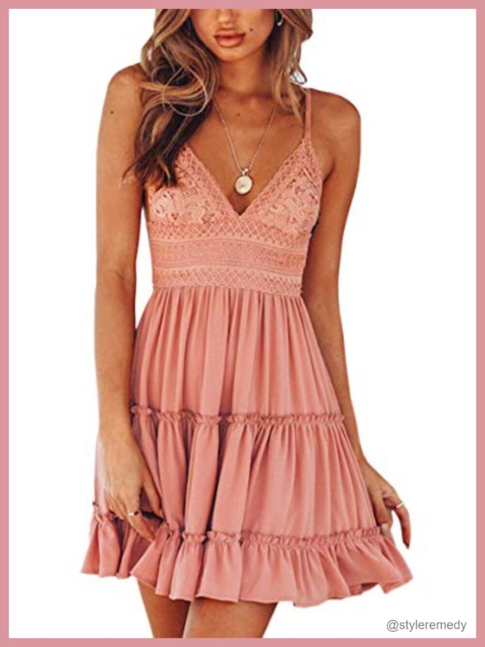 ECOWISH Women V-Neck Spaghetti Strap Lace Mini Dress
